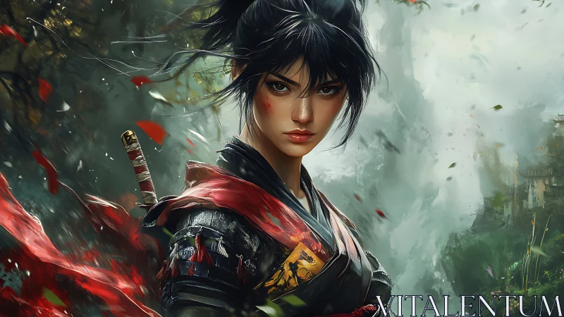 Samurai heroine stands in dynamic mist-lit battlefield portrait