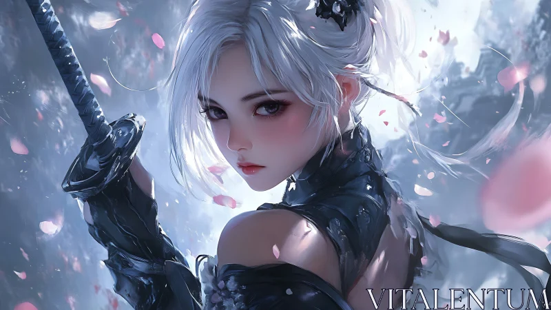 Silver-haired anime swordswoman amid swirling petals.