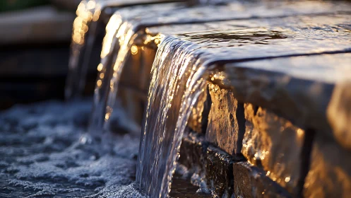 Water cascading over weathered concrete surface with golden light.