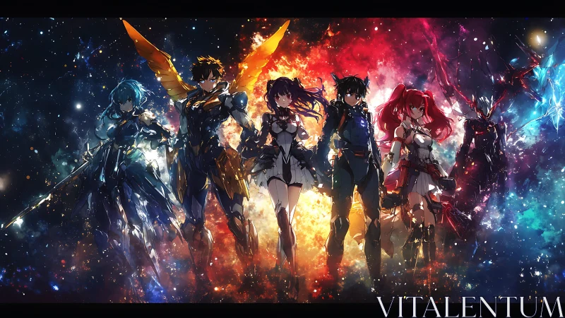Armored anime squad framed by vivid cosmic nebulae.