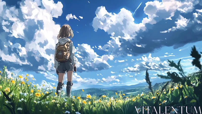 Girl with backpack stands in wildflower field under sky
