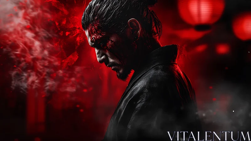 Samurai warrior profile under crimson lantern haze.