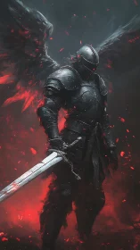 Shadowforged knight with burning wings in red stormscape.