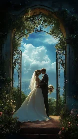 Garden gateway wedding embrace under luminous skies.