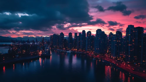 Neon-lit harbor skyline under dramatic magenta dusk sky.