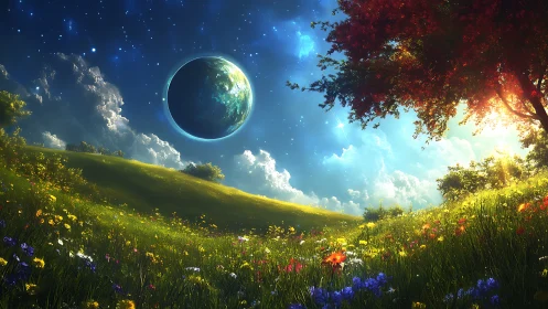 Planetary sky appears above illuminated flowered hillside