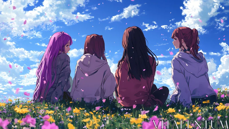 Four anime girls sit in a flower meadow under cumuliform sky