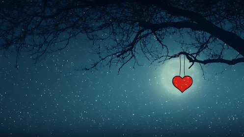 Red Heart Suspended Beneath Winter Branches Under Starlight.