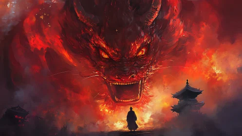 Fiery dragon head dominates sky above lone robed figure