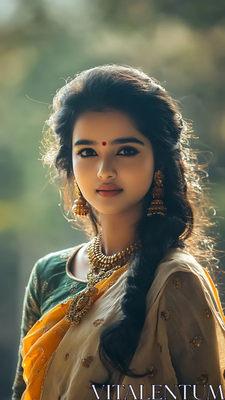 Graceful young woman in traditional attire glows in soft light