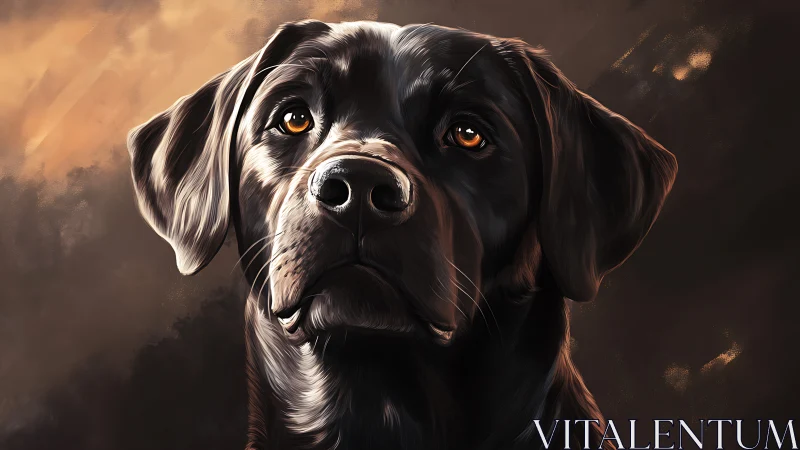 Digital portrait of black Labrador with luminous amber eyes.