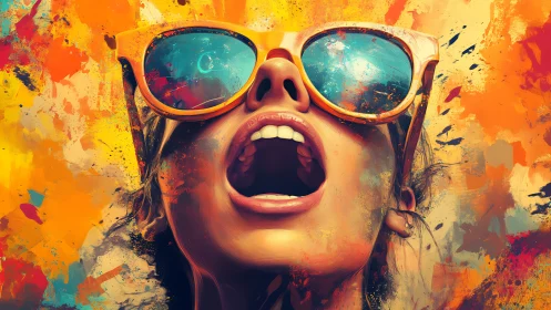 Vibrant digital portrait shows woman in sunglasses shouting upward