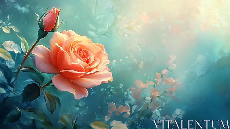 Coral blossom whispers secrets through luminous morning mist and shadow