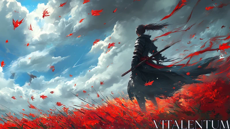 Lone warrior in red flower fields under storm-bright sky.