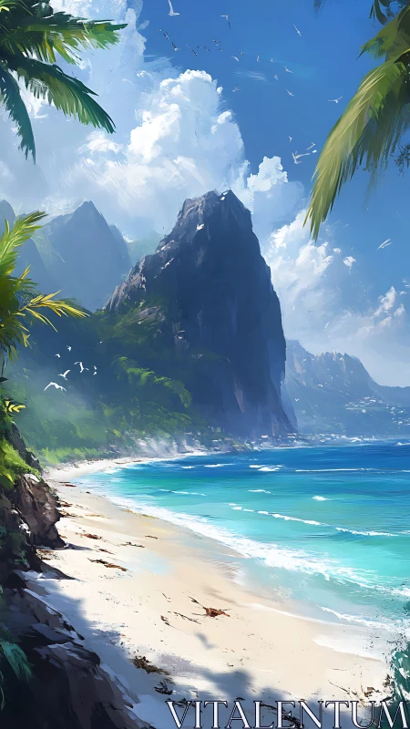 Towering Monolith Guards Turquoise Shores Below.