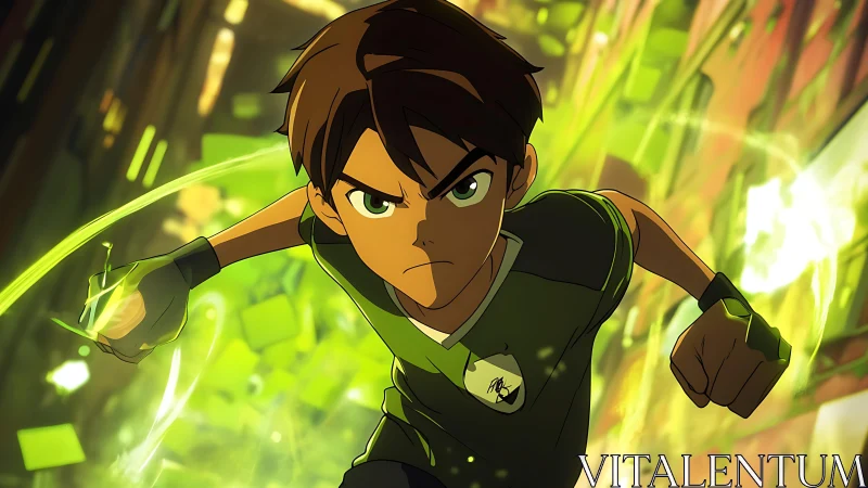 Young male runner in green energy field mid stride.