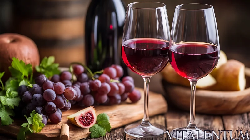 Cozy red wine moment with fresh grapes and rustic wood.
