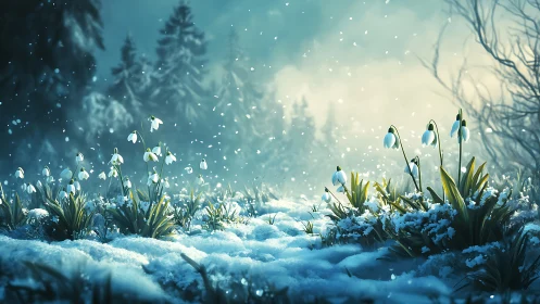 Gentle snowdrops glowing softly in a quiet winter forest.