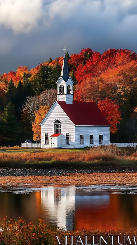 Cozy white chapel by a quiet autumn river at golden hour.