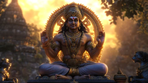 Golden Hindu deity statue in serene forest temple glow.