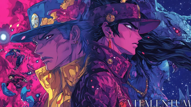 Dual anime warriors divide cosmic void with chromatic contrast