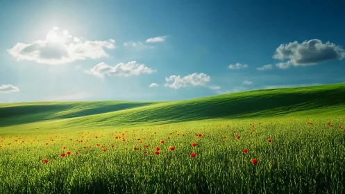Rolling green hills under radiant sky with red wildflowers.