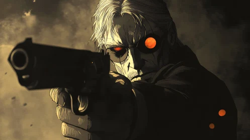 Gunman with glowing cybernetic eye in dark atmosphere.