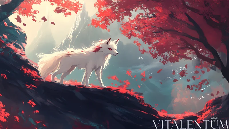 Spirit fox crossing crimson forest ridge at dawn.