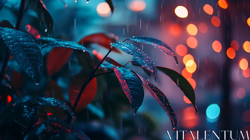 Wet leaves in urban night rain with colored bokeh lights.