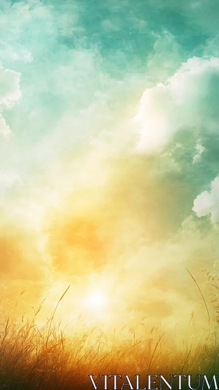 Sunlit meadow horizon under glowing pastel sky. Period.