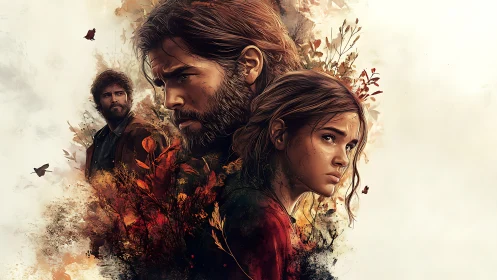 Layered portrait of three figures with autumn foliage forms.