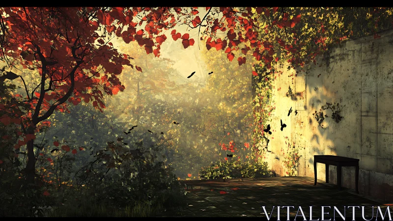 Sunlit garden corner where autumn leaves quietly remember.