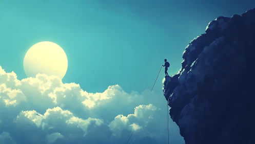 Silhouette climber on cliff edge above dense cloud layer.