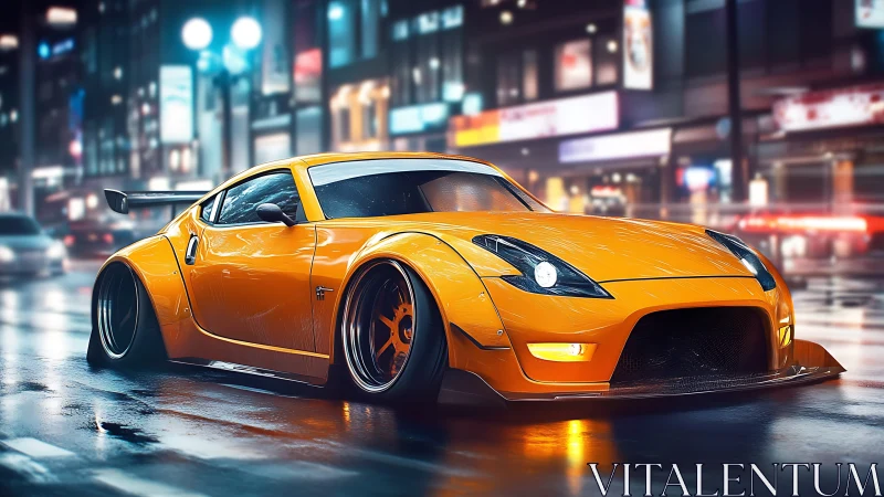 Widebody turbo street racer rendered in neon wet-city nightscape.