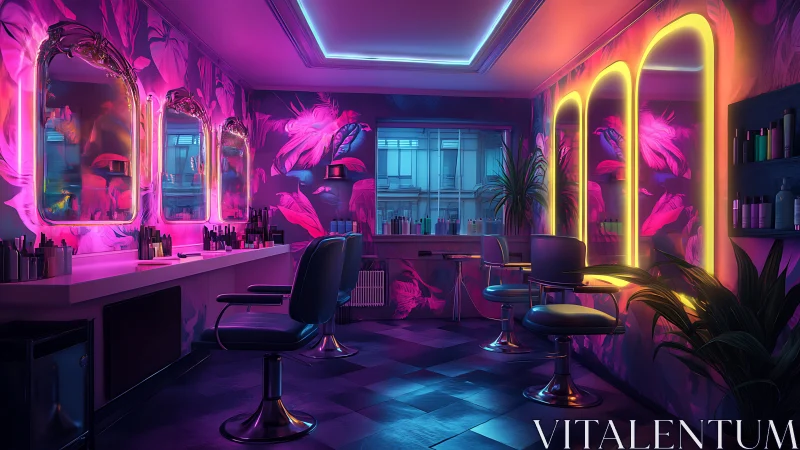 Neon feathers turn a quiet salon into chromatic nightlife