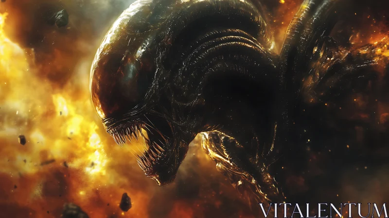 Alien creature roars in profile amid fiery exploding debris