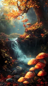 Autumn forest stream with luminous fungi and high-contrast lighting