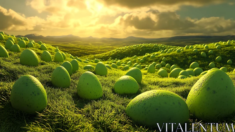 Green spheroid forms across grassy hills at sunset.