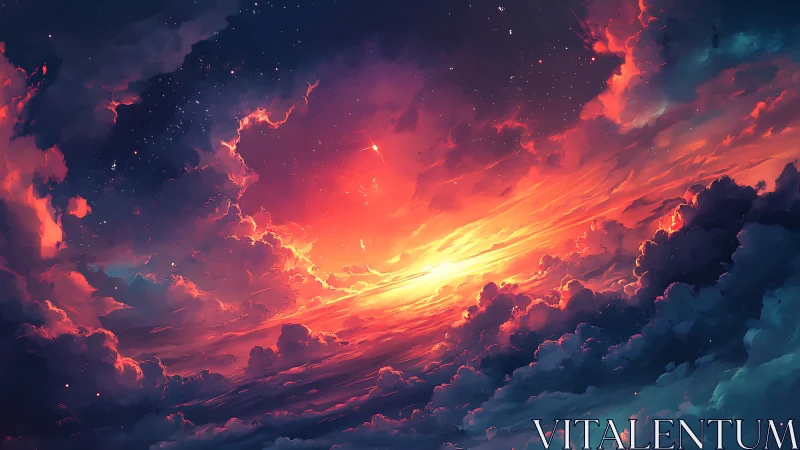 Stellar twilight nebula sky with luminous stratified clouds