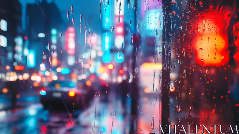 Refracted neon cityscape through rain‑streaked glass surface.