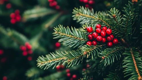 Photorealistic evergreen sprig with clustered red berries microfocus.