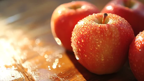 Sunlit dewy apples rest on a rustic wooden table surface.