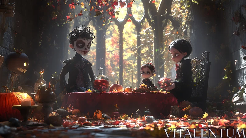 Gothic family shares autumn feast in candlelit stone hall.