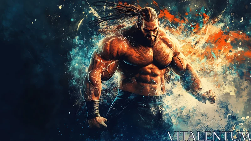 Battle-scarred warrior amid explosive abstract energy storm.