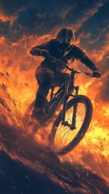Downhill biker charging through blazing inferno trail.