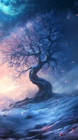 Moonlit winter tree twisting between night and dawn.