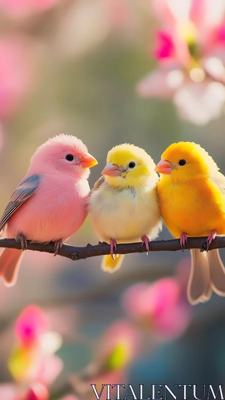 Trio of pastel-colored songbirds on branch in soft focus.