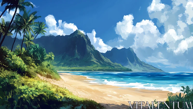 Tropical Coastal Landscape with Mountain Peaks and Palm Trees.
