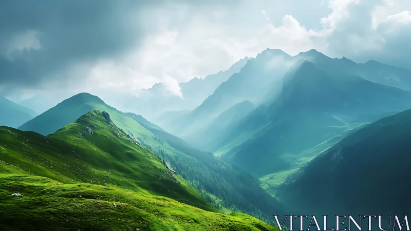 Layered alpine ridges with volumetric fog and dynamic skylight