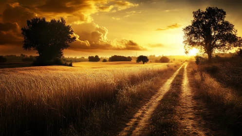 Golden country pathway glowing beneath a soft sunset sky.